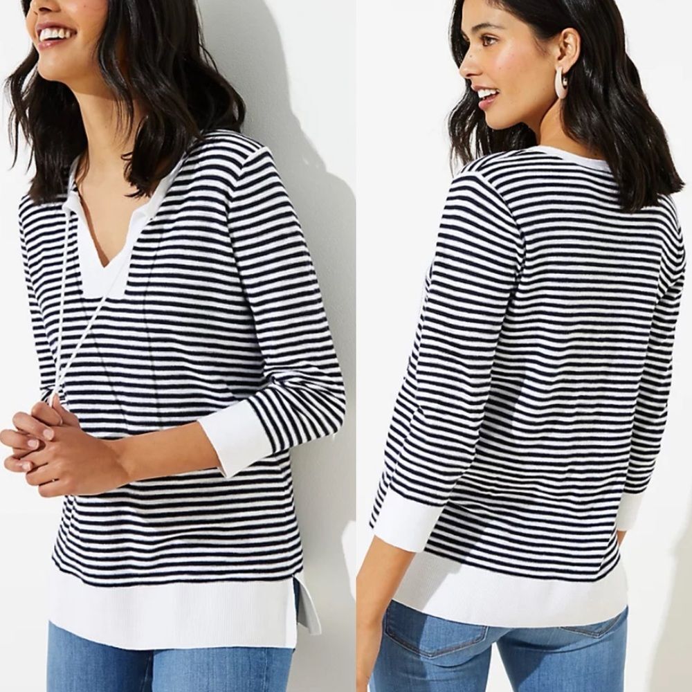 Loft Stripe Tasseled Tie Neck Tunic Blue and White Striped Sweater Size Medium